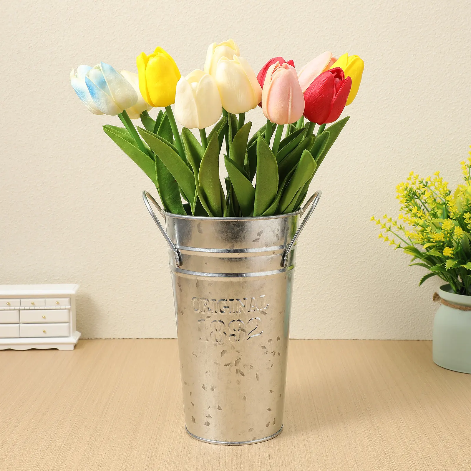 1Pcs Galvanized Iron Flower Bucket with Waterproof Blackboard Sticker Erasable Surface Hydroponics Floral Container for Shop