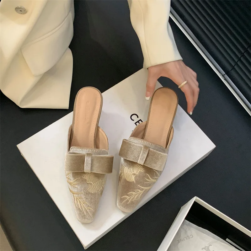 Embroider Women Slippers Stiletto Low Heels Pointed Toe Sapatos Femimino Butterfly-Knot Topuklu Ayakkabı Flannel Huaraches Retro