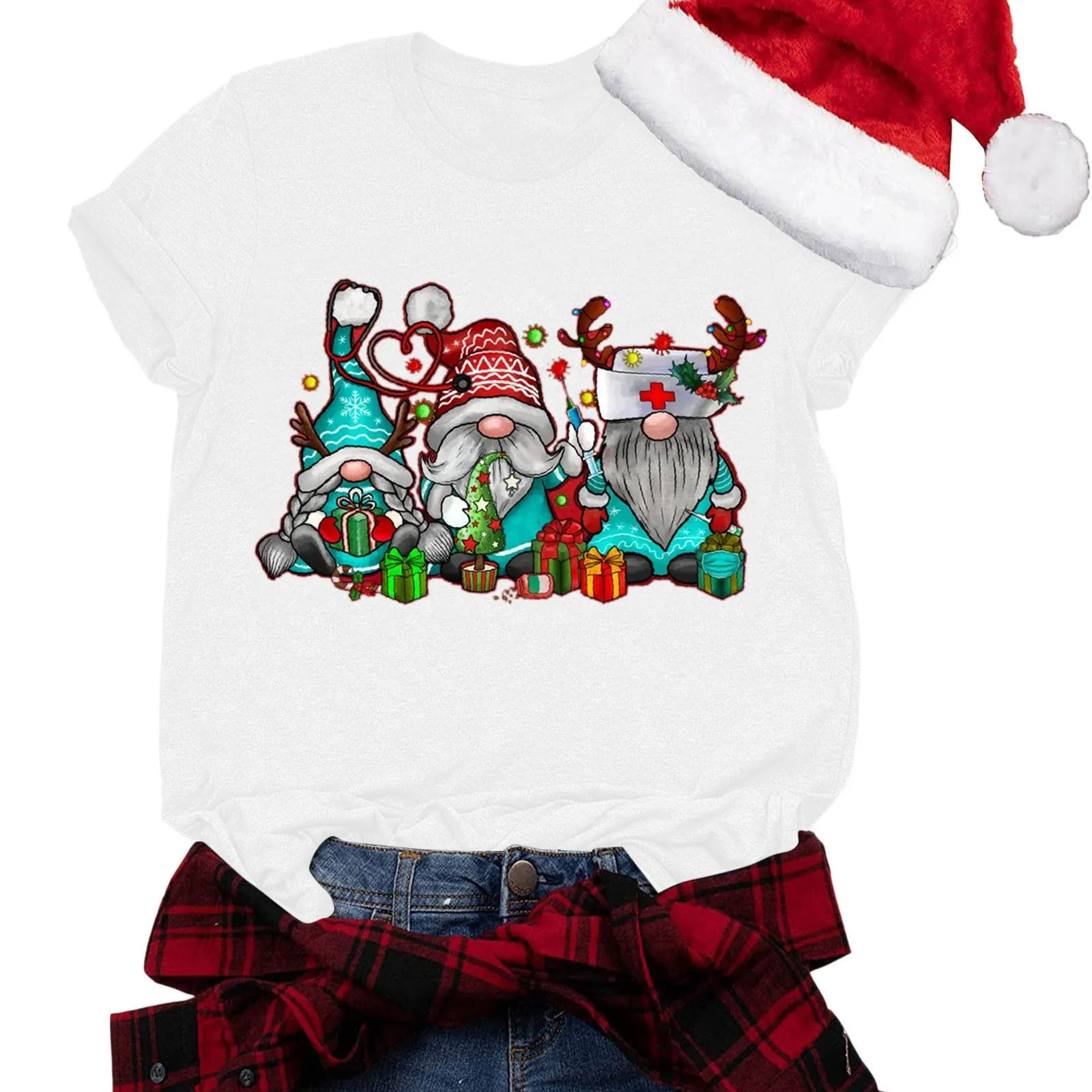 Camisetas con estampado navideño para mujer, Tops de manga corta con cuello redondo, Túnica de Navidad, jerséis de dibujos animados feos, blusa femenina de Año Nuevo