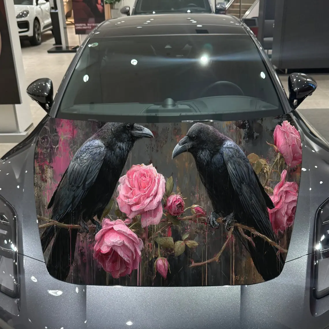 Roses and Black Ravens Car Hood Vinyl Stickers Car Surface Protection Decal Car Decoration Cover Vinyl Wraps Waterproof Self-adh