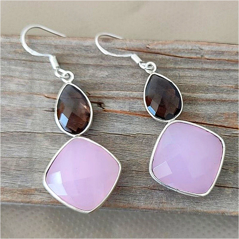 Opal Earrings Dangle - أقراط متدلية هندسية من الأوبال الوردي