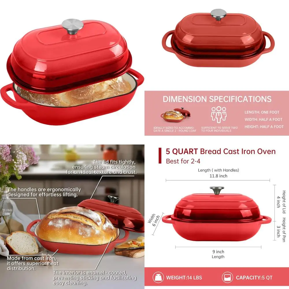 

Enameled Cast Iron Dutch Oven | 5QT Oval Non-Stick Bread Baker | Ideal for Sourdough, Loaf, and Artisan Breads (Oval Red, 5 QT)