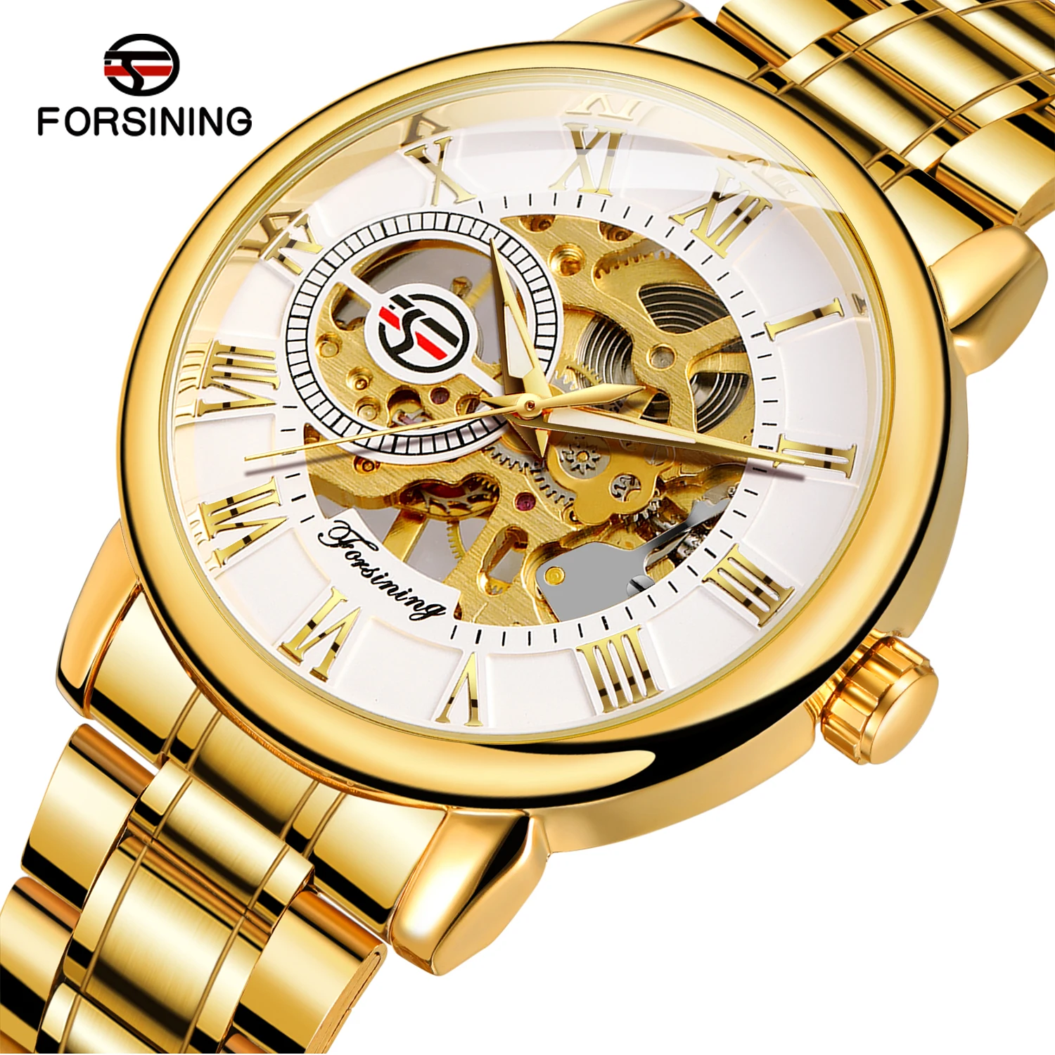 

FORSINING Classic Golden Hollow Men Wristwatches Mechanical Watch Stainless Steel Roman Numeral Luminous Pointers Skeleton Clock