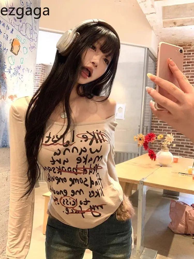 

Ezgaga Women T Shirts Letter Printed Autumn New Fashion Long Sleeve Slim Sexy Sweet Y2k Harajuku Tops Ladies Off Shoulder