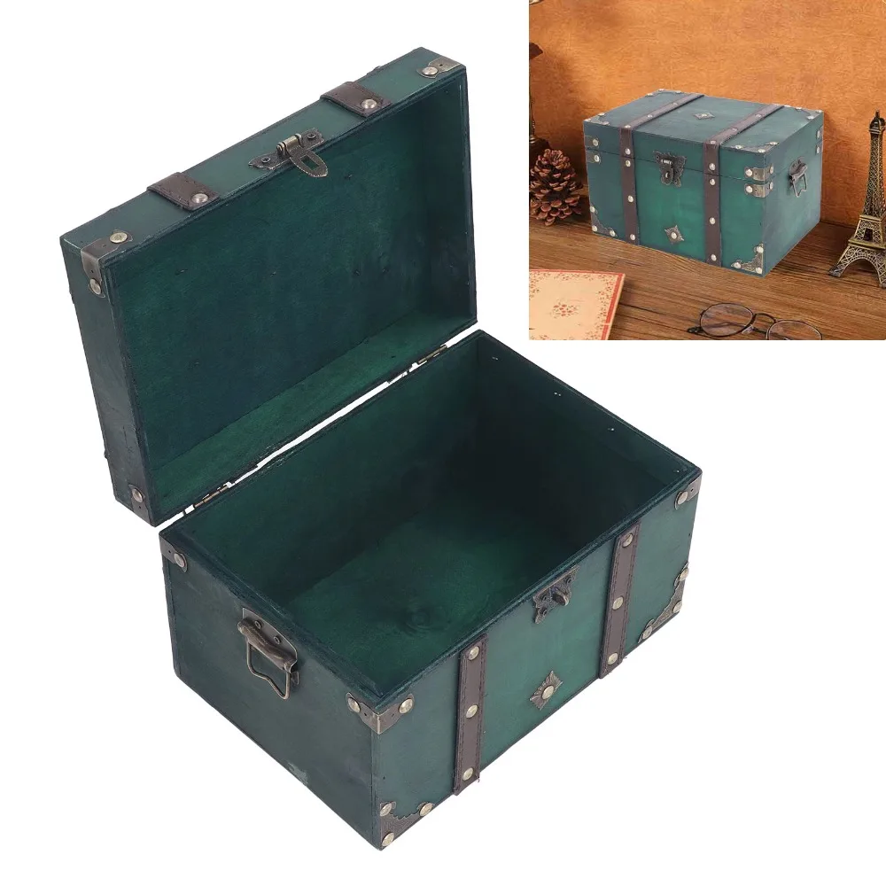 2PCS Jewelry Boxes With Lock Wooden Storage Box Antique Green Treasure Chest Box Keepsake Memory Box Photography Prop