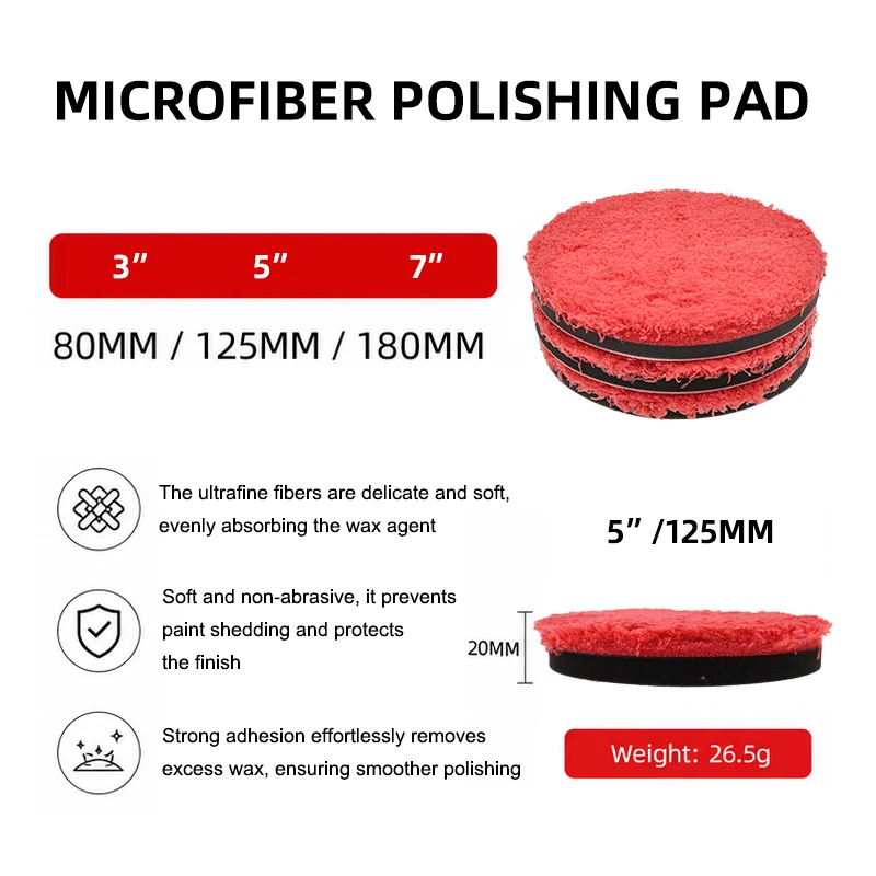 5 Pcs 3/5/7 Inch Red Microfiber Polishing Pad Hook & Loop Car Buffing Pad for DA/RO Polisher, Car Waxing & Paint Finishing