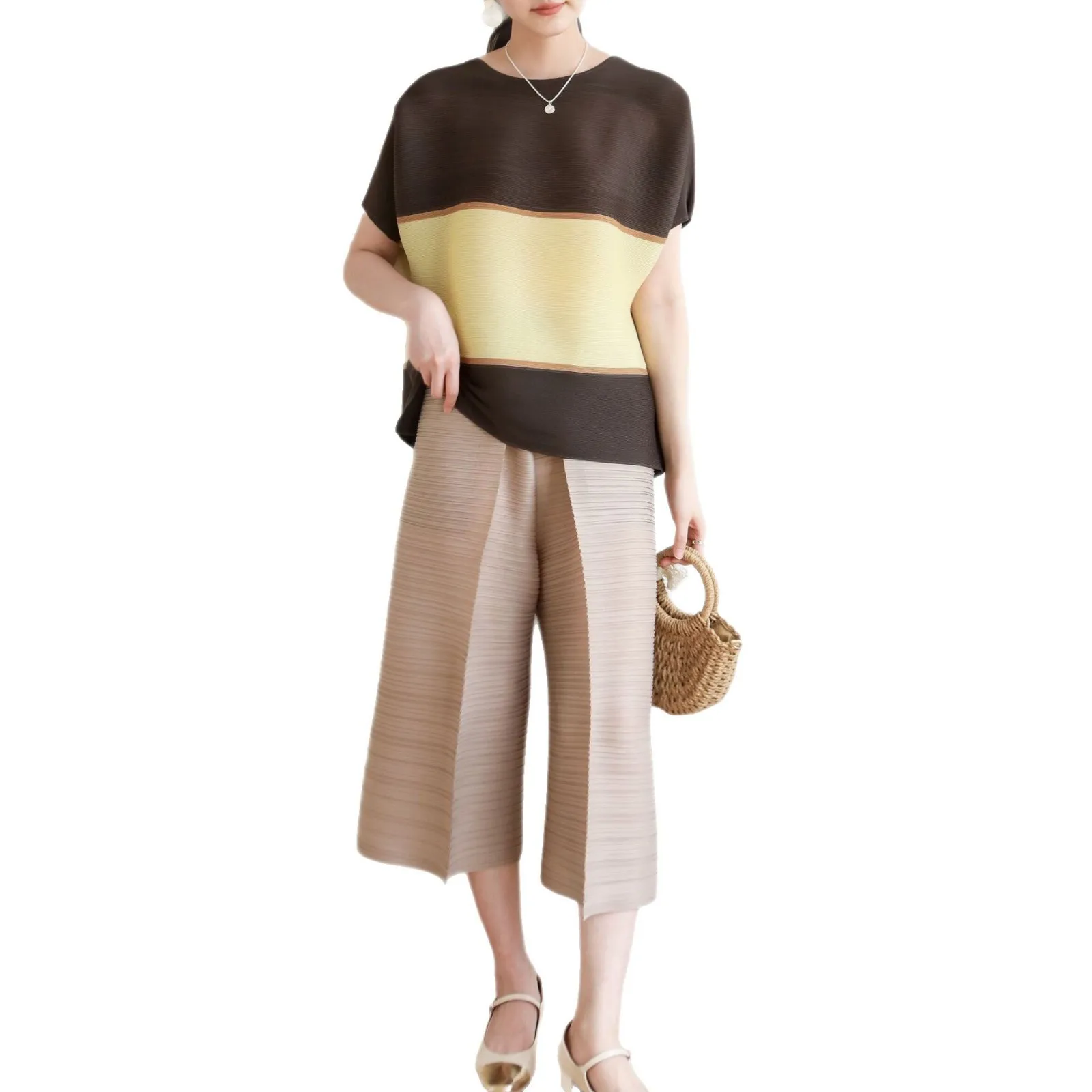 Miyake plissado verão feminino camiseta nova moda versátil o-pescoço sem mangas listras cor bloqueando capa topo