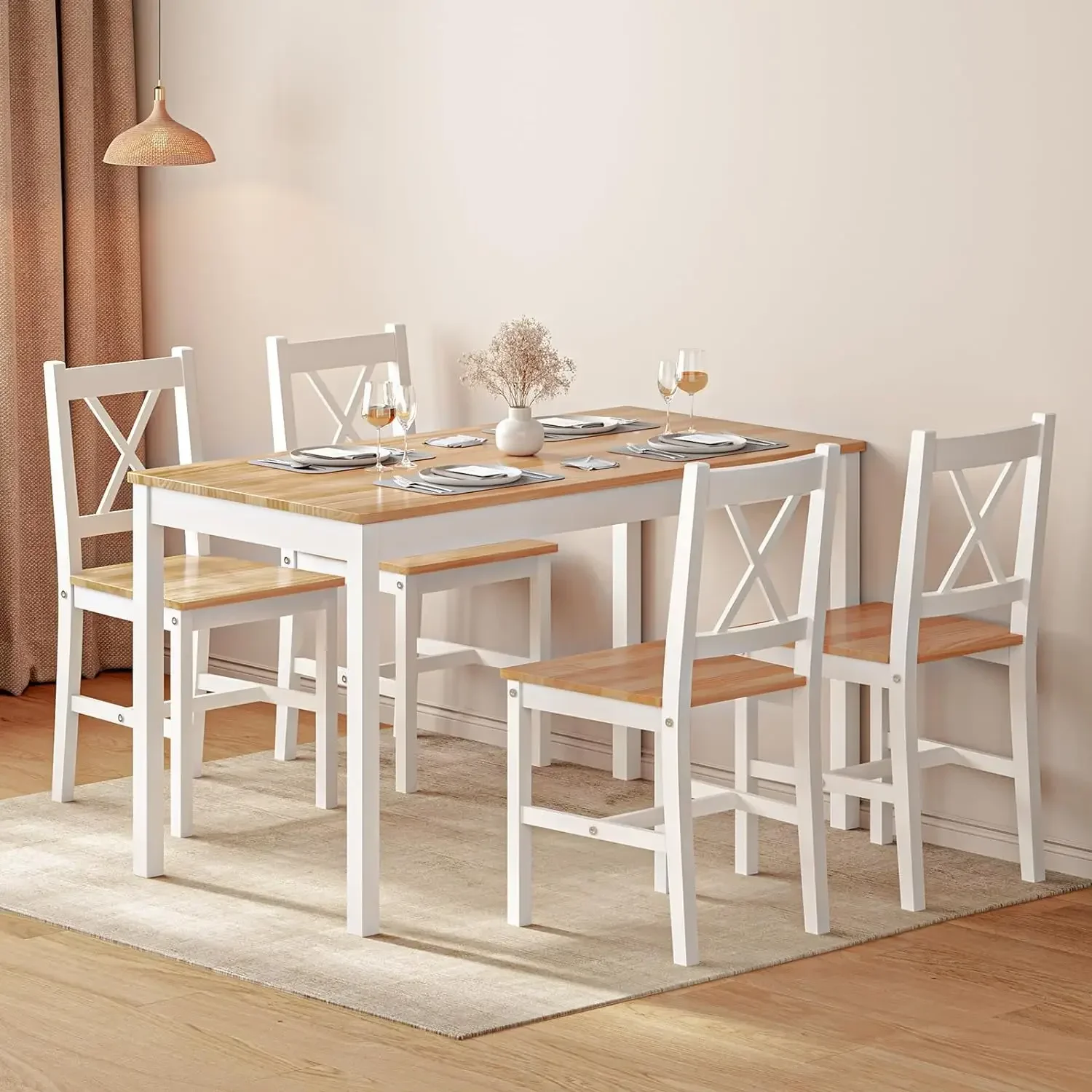 y SogesPower 4-Person Dining Table Set 5 Pieces, Wood Kitchen Table Set with 4 Chairs for Kitchen Dining Room Restaurant, White&