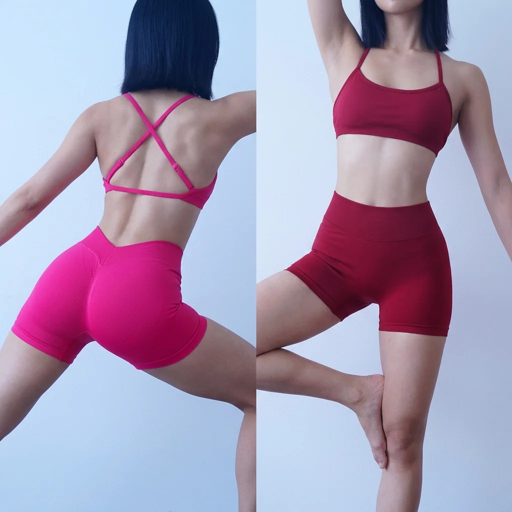Nahtloses, schnelltrocknendes Fitness-Set für Damen: Sport-BH und Hüftstraffende V-Taille Yoga-Shorts, Pilates-Trainingskleidung, Gym-Set – Detail 7