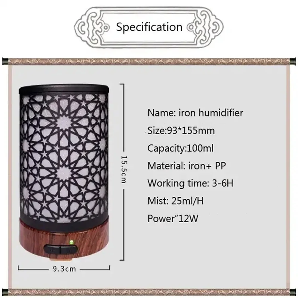 Air Humidifier Essential Oil Diffuser Desk Wrought Iron Hollow Color Gradient 7 LED Night Lamp Colors 100ML for Room Home