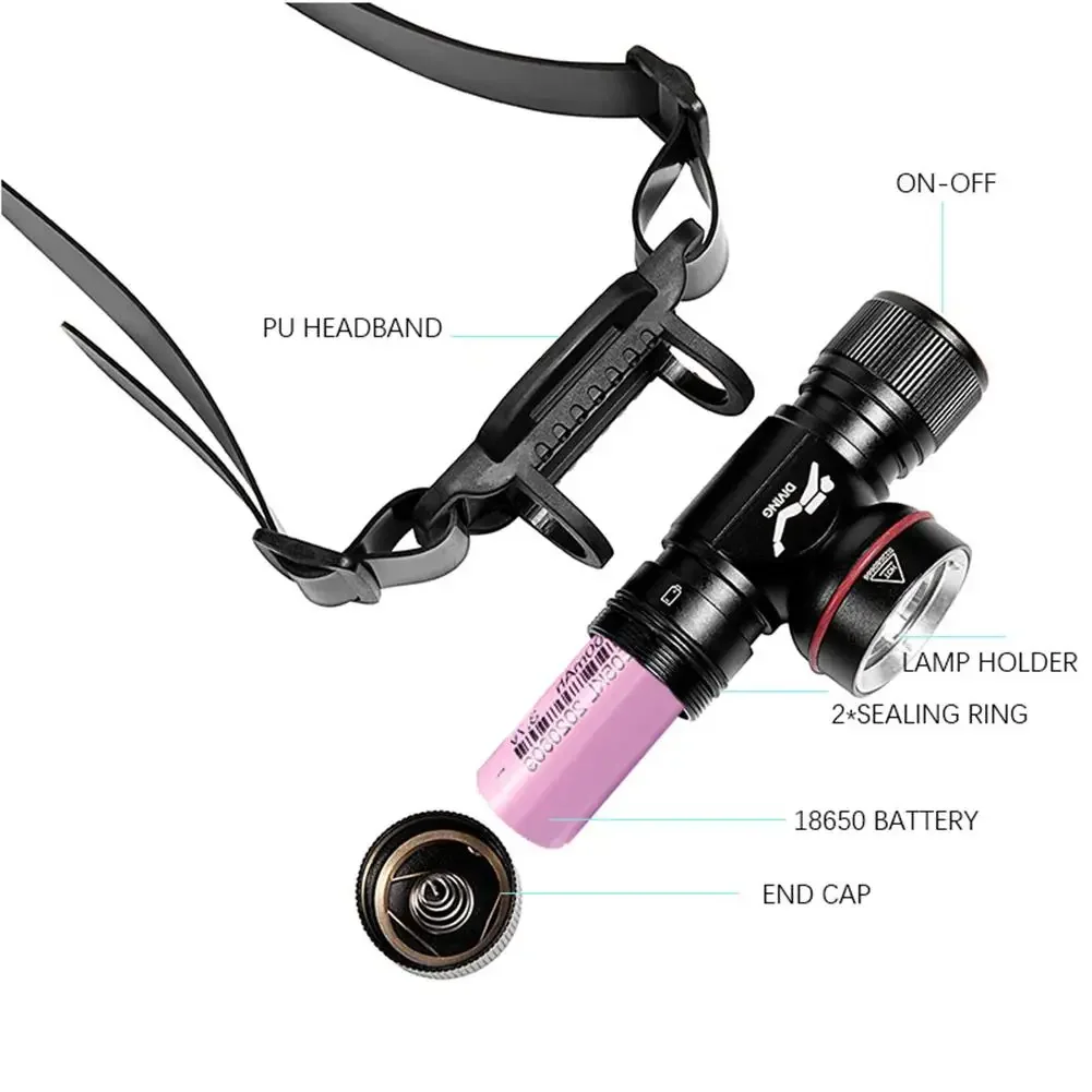 LED Rechargeable Diving Headlamp Scuba Dive Flashlight IPX8 Waterproof 3 Modes Underwater Flashlight for Diving Submarine Light