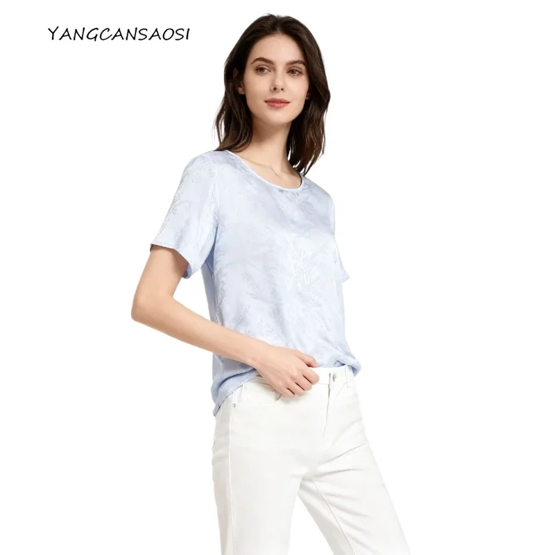 

Summer Breathable 100% Natural Mulberry Silk Jacquard Flower Rose Simple Round Neck Temperament Versatile Short Sleeved T-shirt