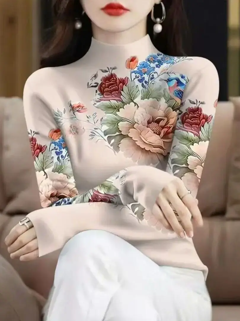 New plus Size Printed T-Shirt Women's Fashionable Long Sleeve Belly Covering Top Label Removed High End Autumn Style for Ladies