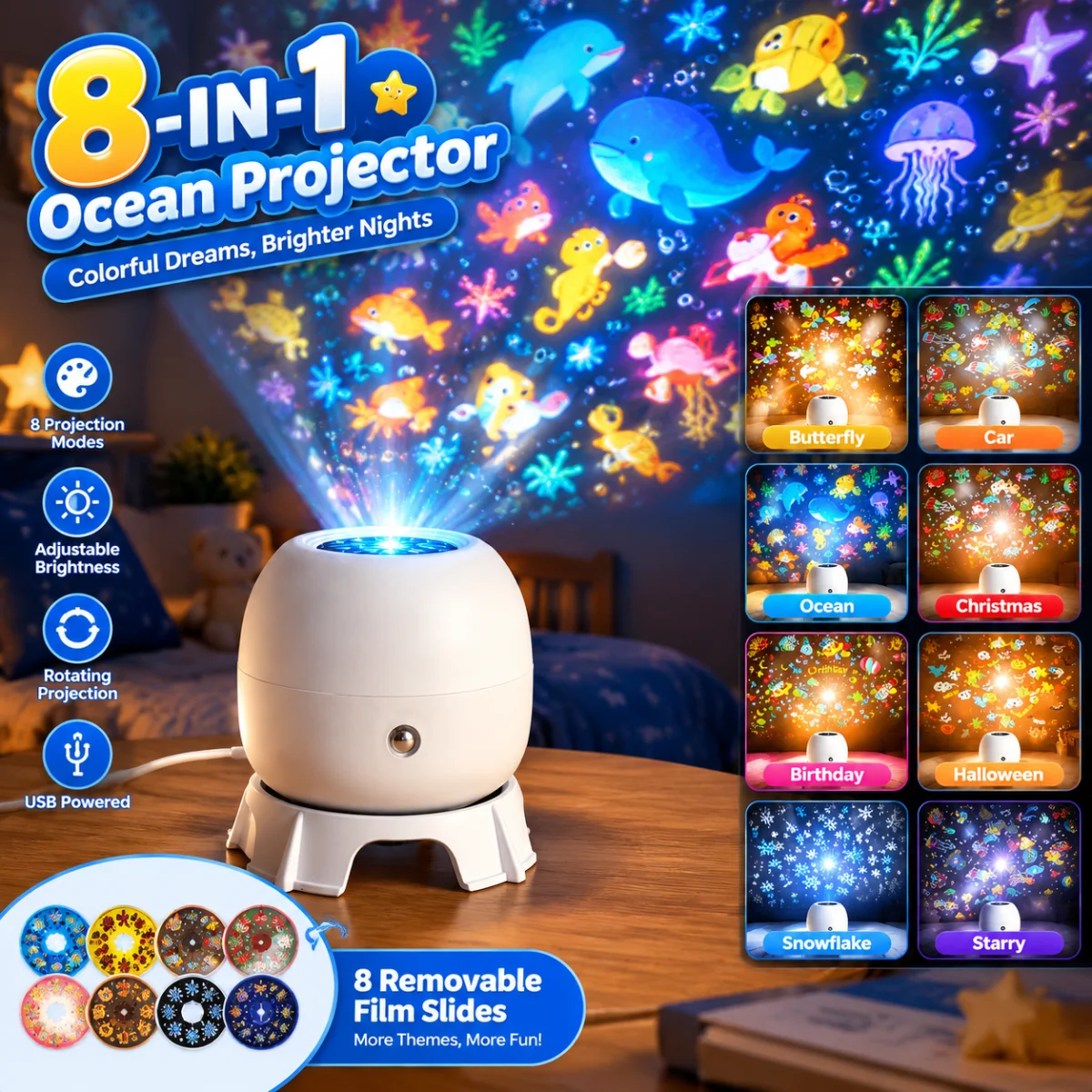 360 Rotating Projection Night Lights 8-Type Of Pattern LED Atmosphere Light For Christmas Halloween Birthday Party Bedroom Decor
