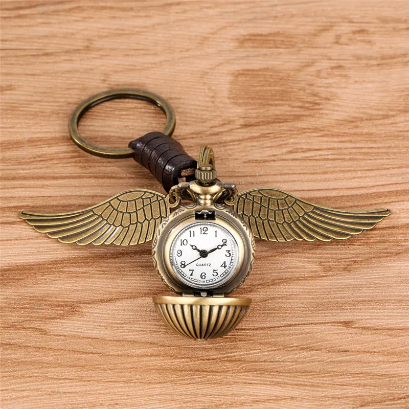 Steampunk Round Ball Shape Watches with Wings Men Women Pendant Quartz Pocket Watch Key Chain Rope Arabic Number Timepiece Gift