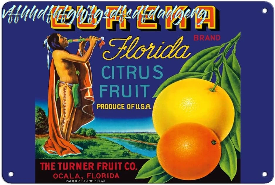 Eureka Brand Florida Citrus - The Turner Fruit Company - Vintage Fruit Crate Label c.1940s - 8 x 12 inch Vintage Metal Tin  sign