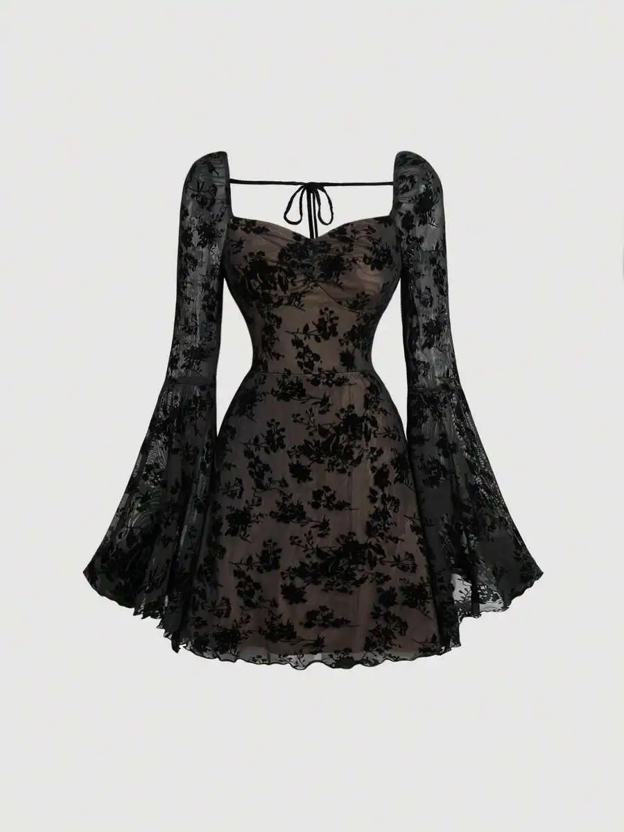 

Black Floral Flocked Jacquard Dress with Ruched Bust and Flare Sleeves