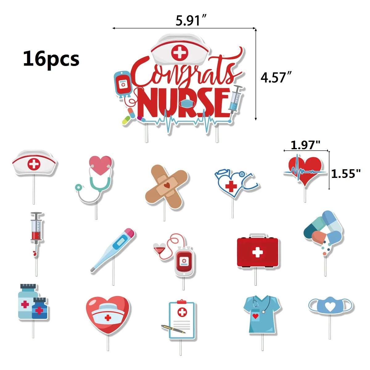 Doctors Nurses Day Cake Decoration,Nurse Graduation Cake Toppers, Congrats Nurse Cake Insert,16pcs