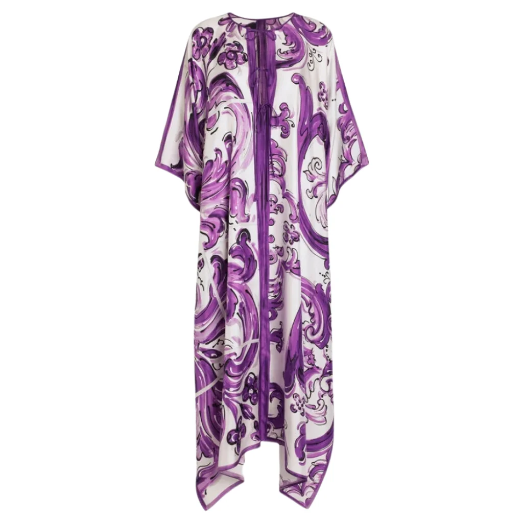 

Women's Silk Caftan Dress Purple Porcelain Print Long Maxi Boho Chic Beach Vacation Cover Up Outfit