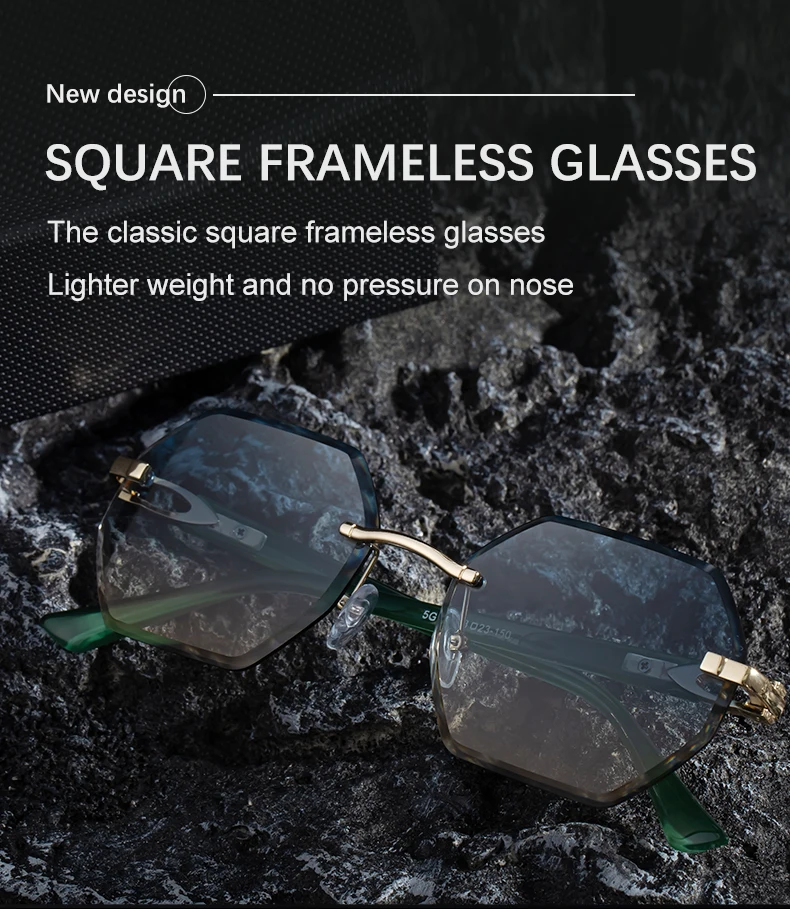 Modische randlose quadratische Sonnenbrille für Damen 2026 – Luxusmarke, sechseckiger Metallrahmen, trendige Outdoor-Sonnenbrille für Frauen – Detail 4