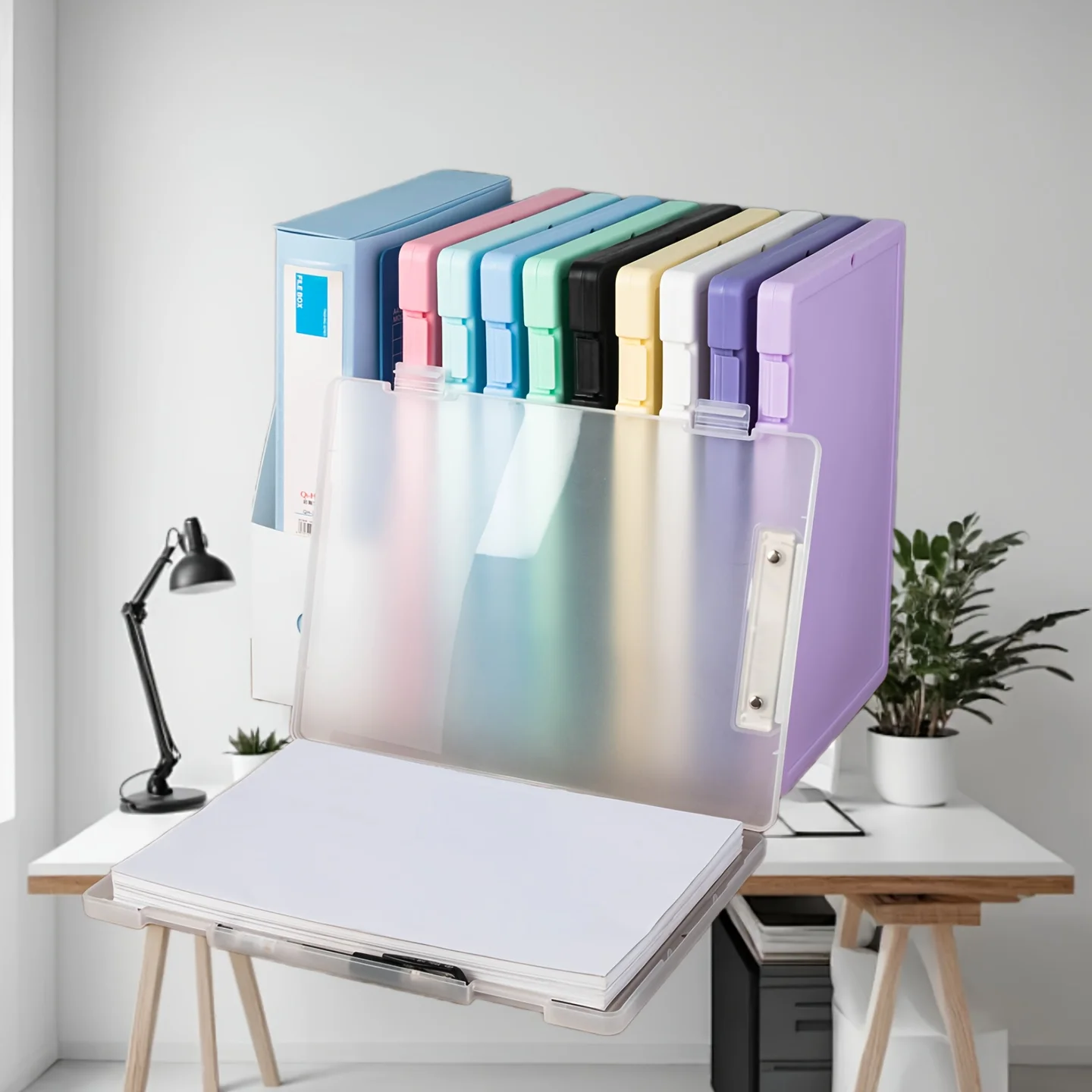 Organizador de arquivo vertical transparente resistente com fecho de pressão-caixa de armazenamento de documentos empilhável, pasta de arquivo a4 transparente para escritório