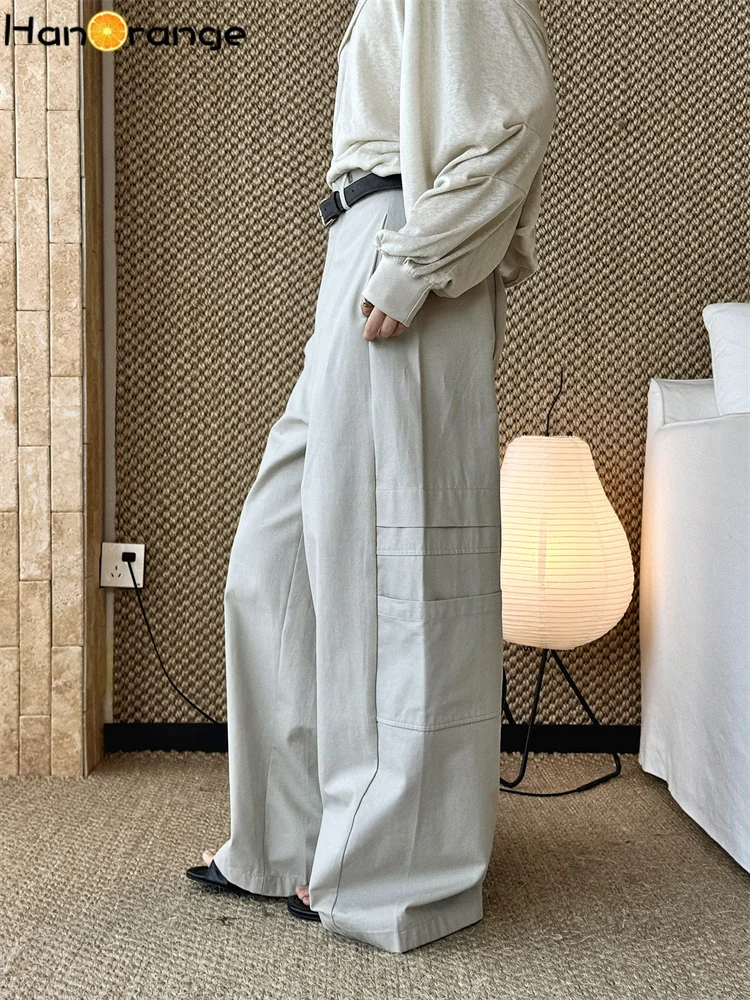 HanOrange 2026 Summer Large Pockets with Belt Wide Leg Pants Women Loose Silhouette Trousers White/Apricot/Dark Gray/Navy Blue