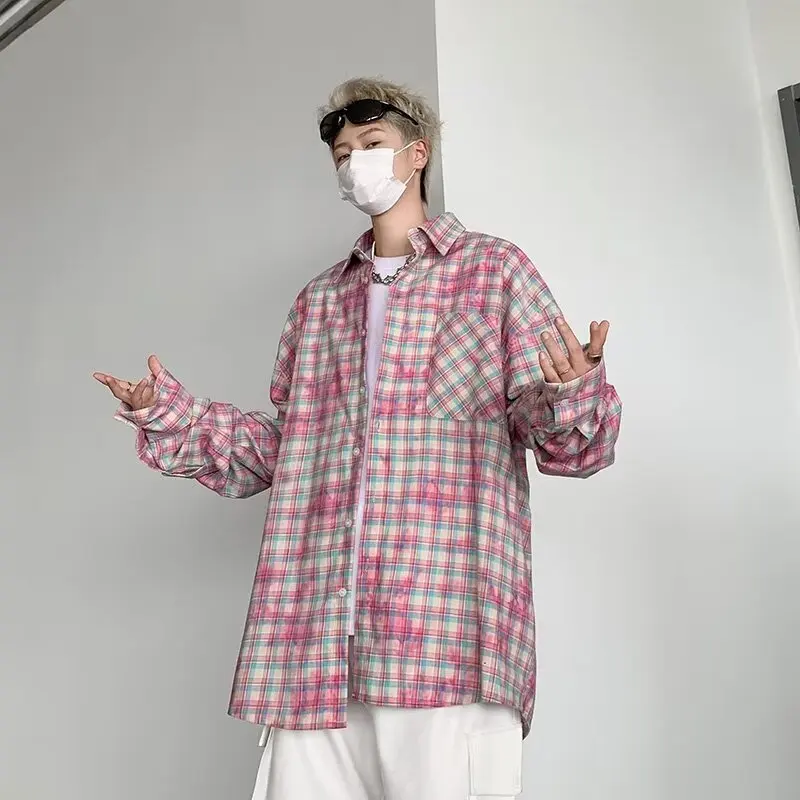 

Spring Large Size Men's Long Sve irt Casual Loose Retro Color Blo Plaid Faion Brand Sun Protection Youth Trendy Top
