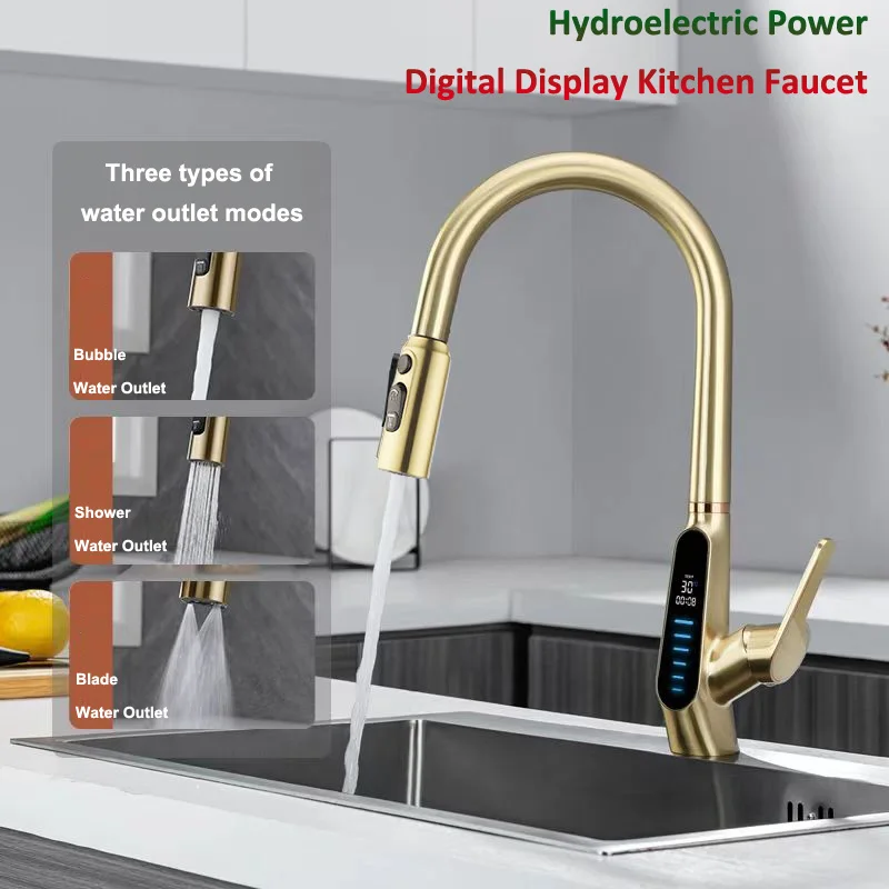 Digital Display Brass Pull-out Kitchen Faucet, Three Water Outlet Modes for Sink