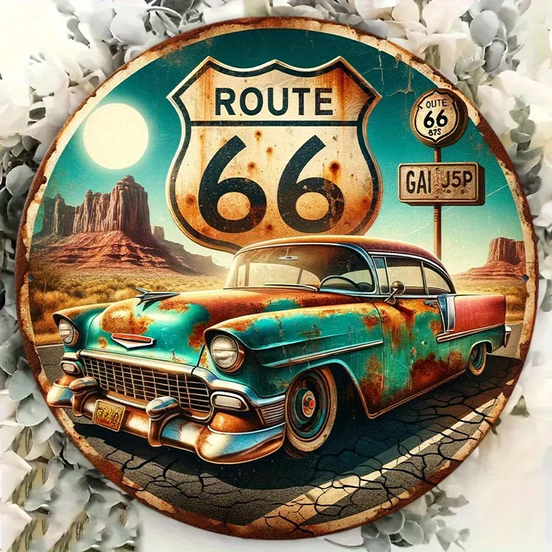 Vintage Route 66 Metal Wall Art Sign - 8x8 Inch Retro Americana Decor with Classic Car & Desert Scene - Rustic Tin Plaque for Ho view 6