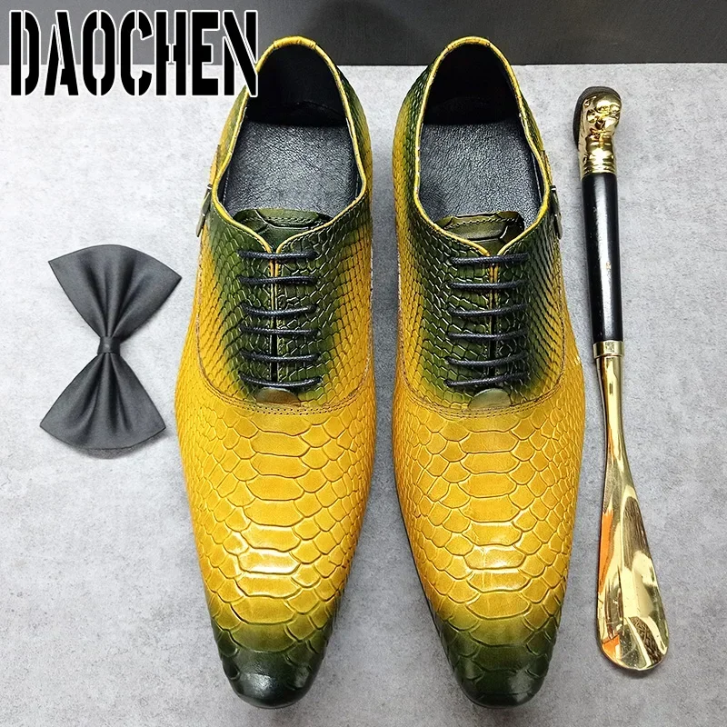 Luxury Men Oxford Shoes Lace up Pointed Coffee Black Mixed Color Mens Dress Shoes Snake Skin Print Leather Shoes For Men