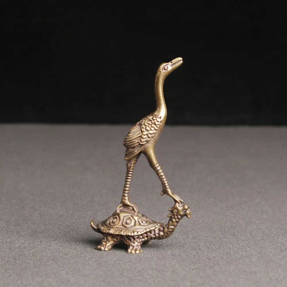 

Retro Brass Turtle Crane Animal Statue Small Desktop Ornament Creative Tabletop Decor Brass Turtle Crane Statue