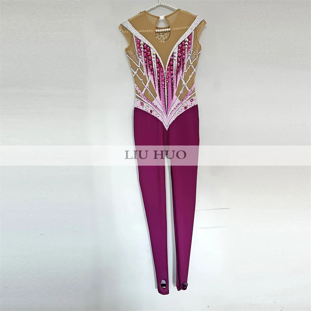 LIUHUO Rhythmic Gymnastics Leotard Customize Women Adult Girl Costume Performance Competition Dance Aerobics Jumpsuits Purple