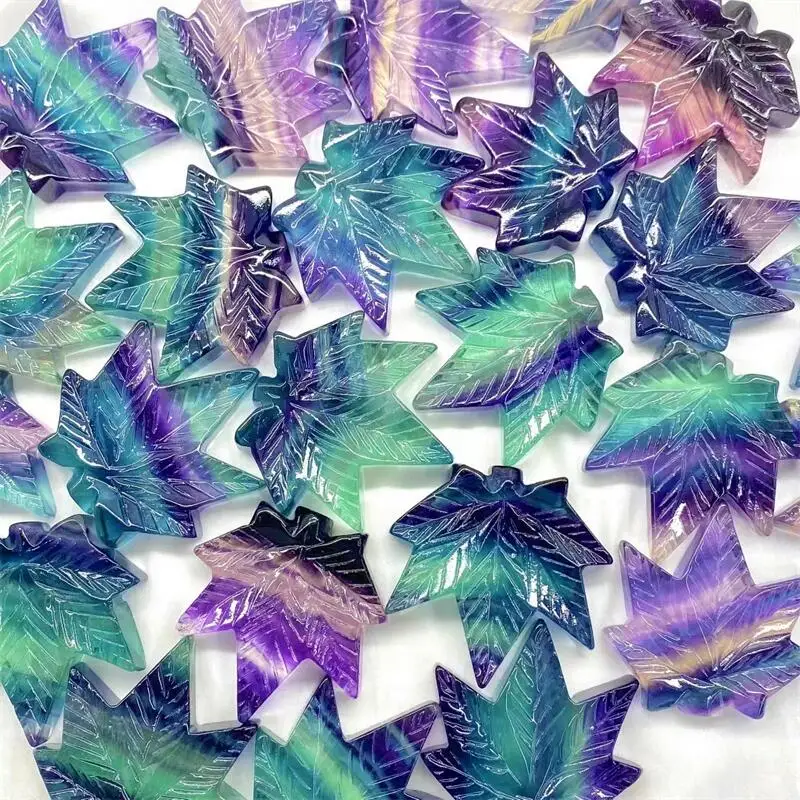 4.5CM Natural Rainbow Fluorite Maple Leaf Crystal Carving Crafts DIY Home Decoration Healthy Children Toy Gift 1pcs