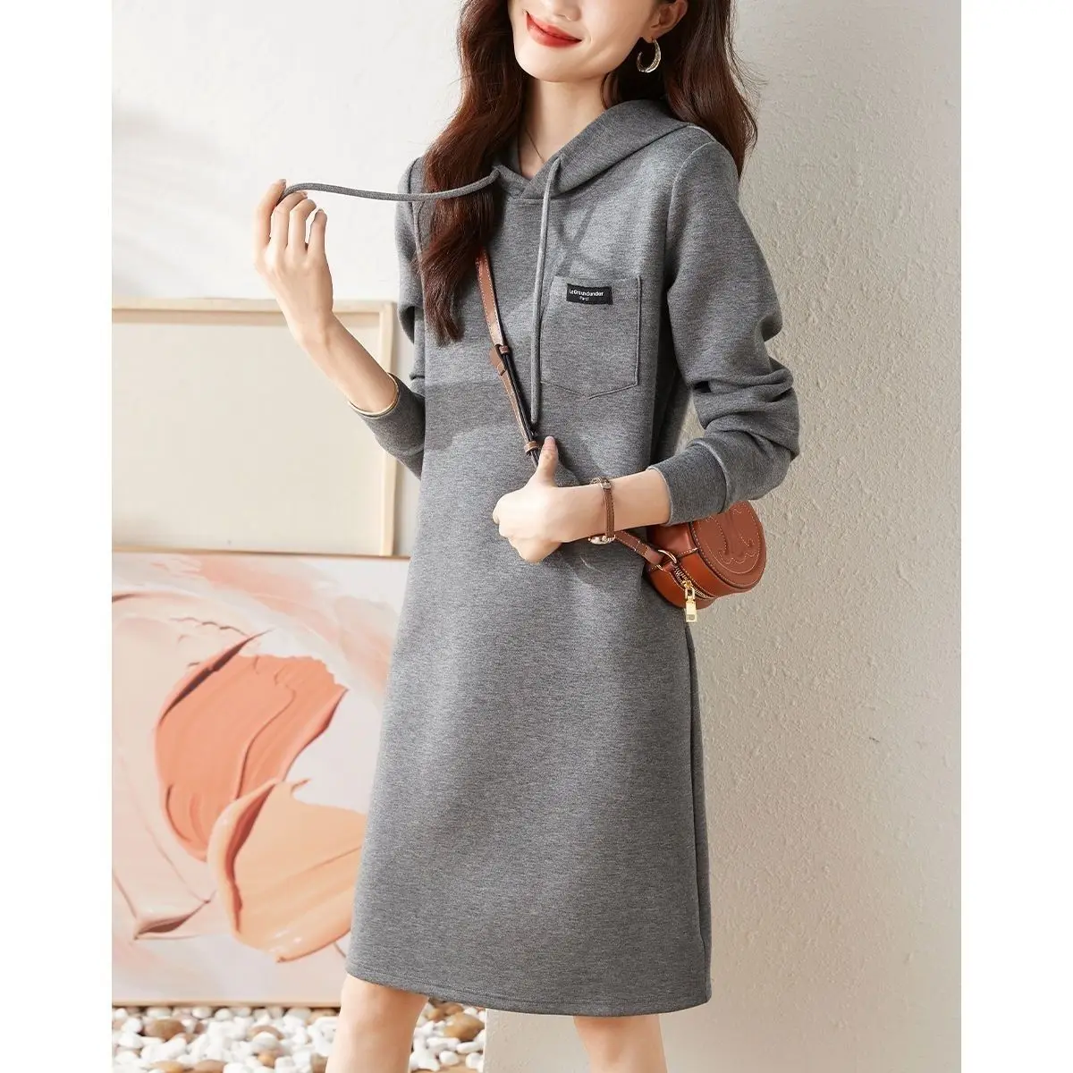 Cotton Autumn New Grey Hooded Dress Simple Fashion Solid Color Casual High-quality Hooded Knee High Long Sleeved A-line Dresses