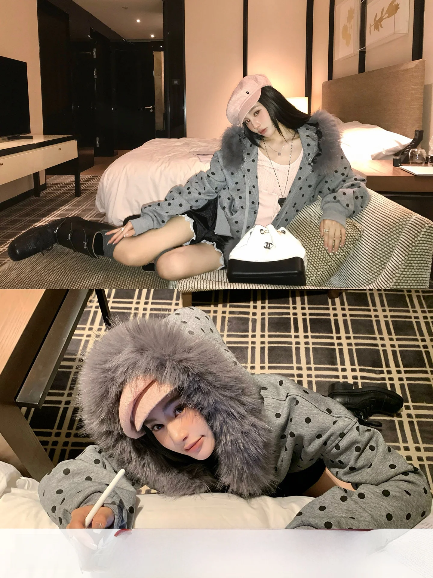 

Anneop Polka Dot Faux Fur Collar Fce Lined Hooded Casual ort Cardigan Coat for Women Autumn Winter Leisure Sle