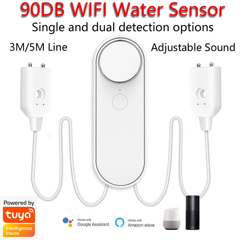3M/5M WiFi Water Leak Detector 90DB Dual Water Flood Sensor Smart Life APP Remote Monitoring Flood Alert Overflow Security