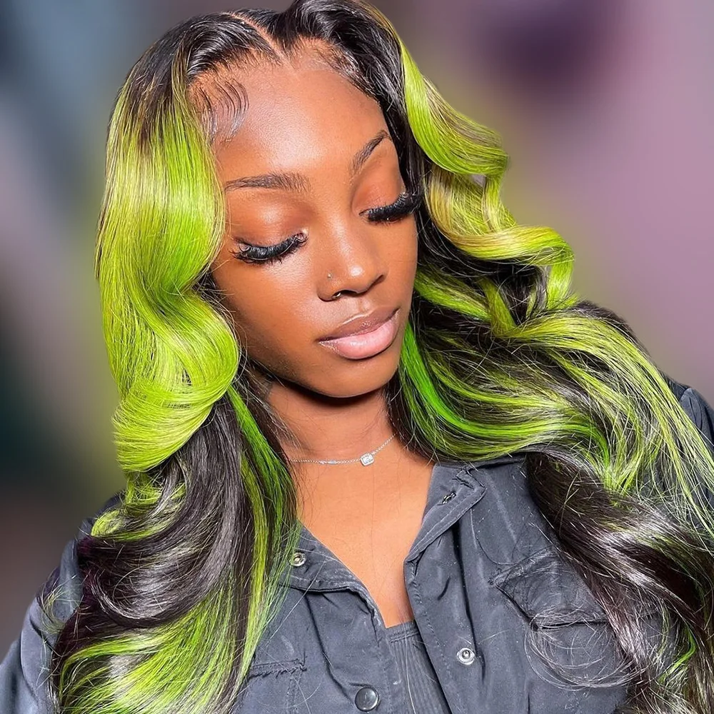 

Highlight Green WIth Black Body Wave Human Hair Wig 13x4 Transparent Lace Front Wig 13X6 Lace Frontal Wig Human Hair Wigs 250