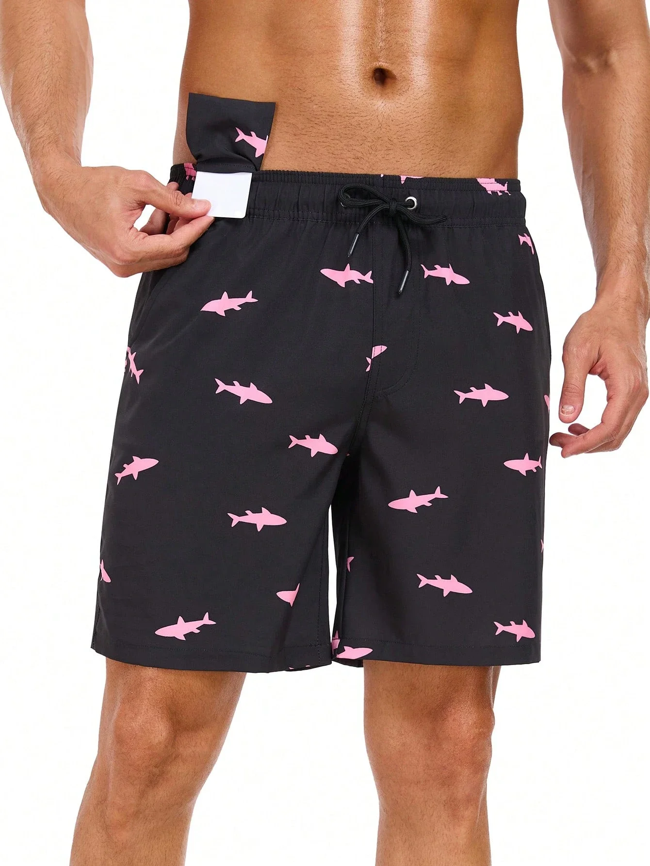 

Мужские черные полиэстеровые плавки с розовым принтом в виде акулы, быстросохнущие шорты для плавания