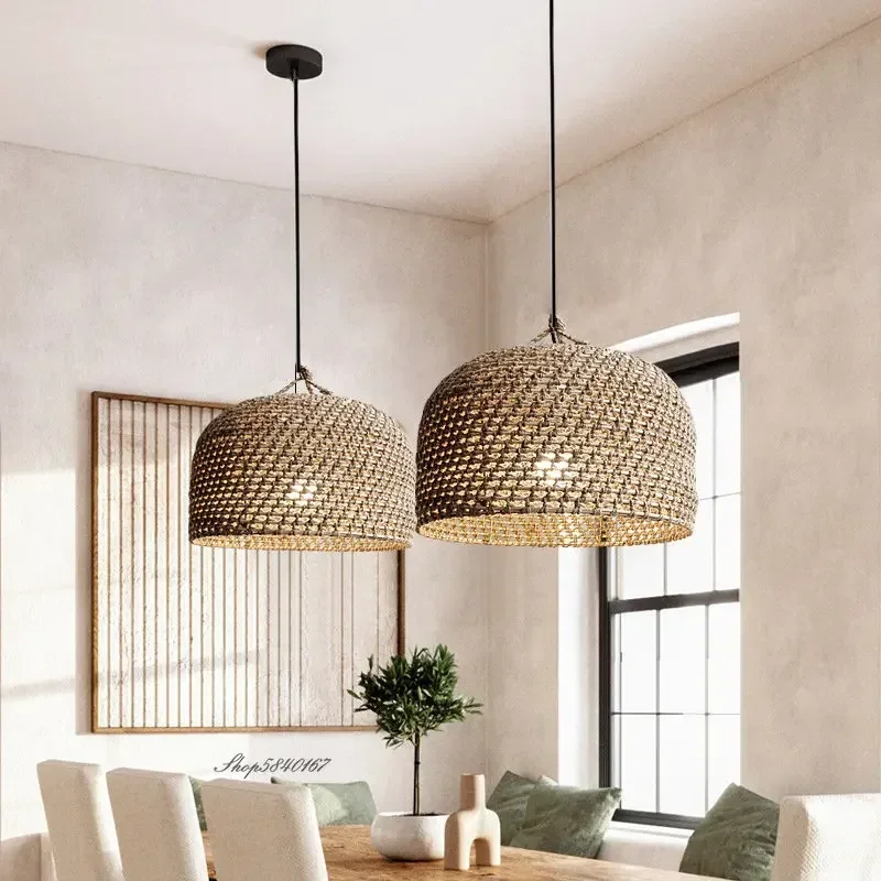 Vintage Hemp Rope Pendant Lights East Asian Style Handmade Rattan Lamp Restaurant Dining Room Kitchen Minimalist Light Fixtures