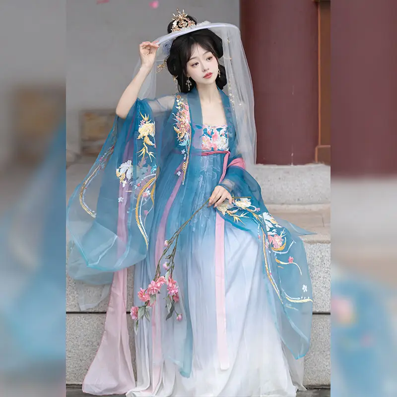 Hanfu dress Ancient Chinese heavy industry embroidery chest-length big sleeve shirt retro elegant temperament fairy dance dress