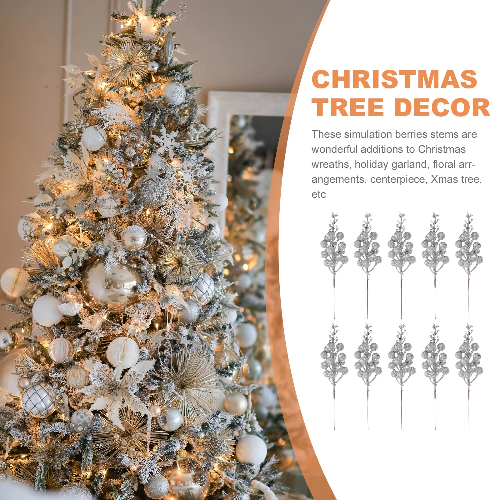 

10Pcs Simulation Berries Stems Artificial Christmas Decorations Glitter Berry Branches for Xmas Tree Wreath Christmas Picks