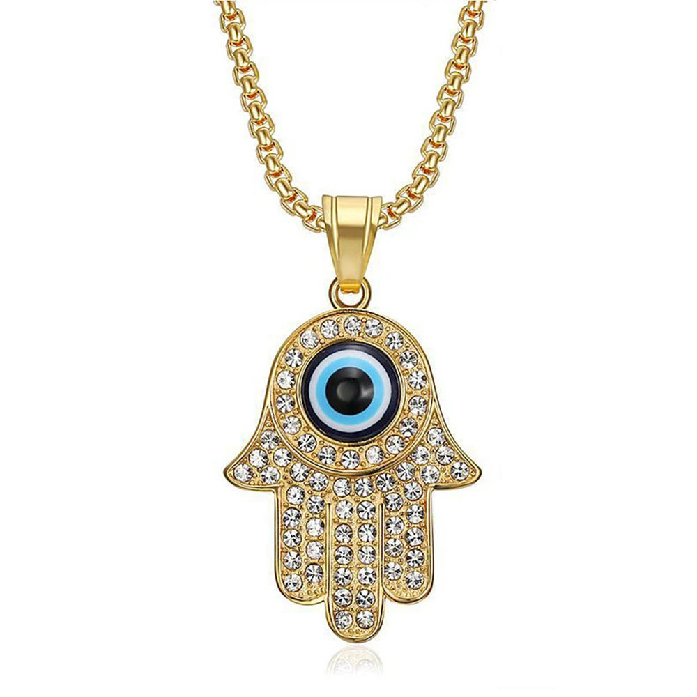 

Hip Hop Iced Out Evil Eye Pendant Gold Color Stainless Steel Hasma Hand of Fatima Necklace For Turkish Jewelry Dropshipping