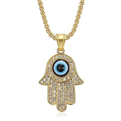 New Turkish Evil Eye Hasma Hand of Fatima Pendant Gold Color Stainless Steel Palm Amulet Necklace For Women Men Jewelry Gift