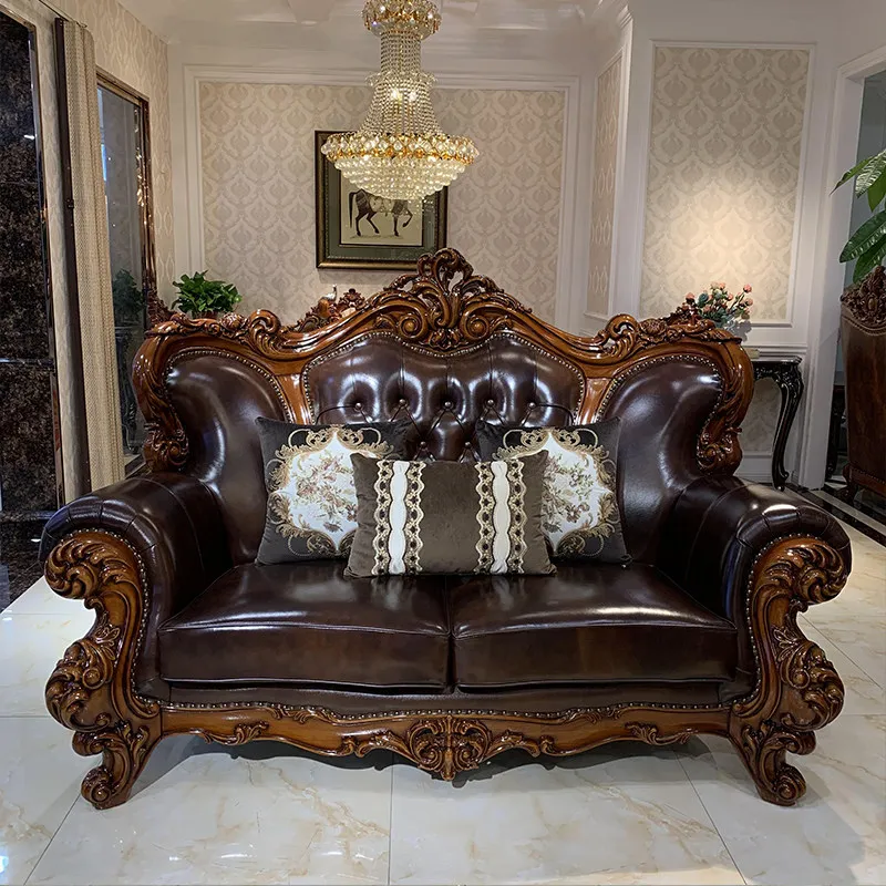 2025 new European leather sofa palace retro log engraved American style