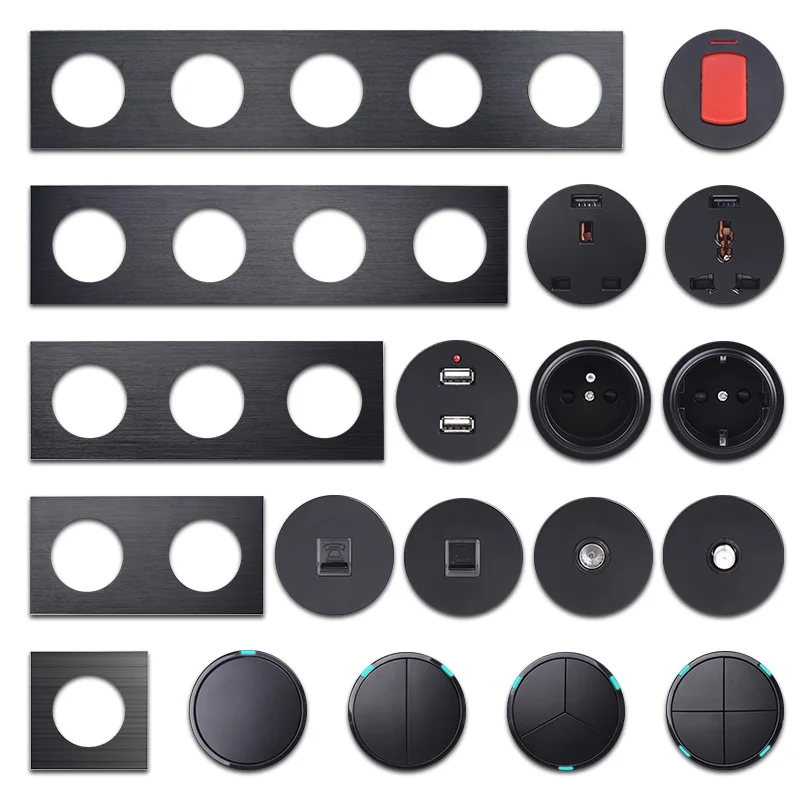 YINKA  DIY Aluminum Panel Sockets and Light Switches Free Combination Function Wall Socket Dual USB 110-250V~ 16A, 1/2/3/4/5Gang