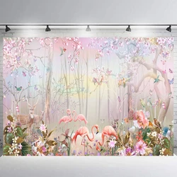 Art Flamingo Colorful Woods Photography  Butterfly Birds Happy Birthday Backdrop Background   Banner Children Bedroom Decoration