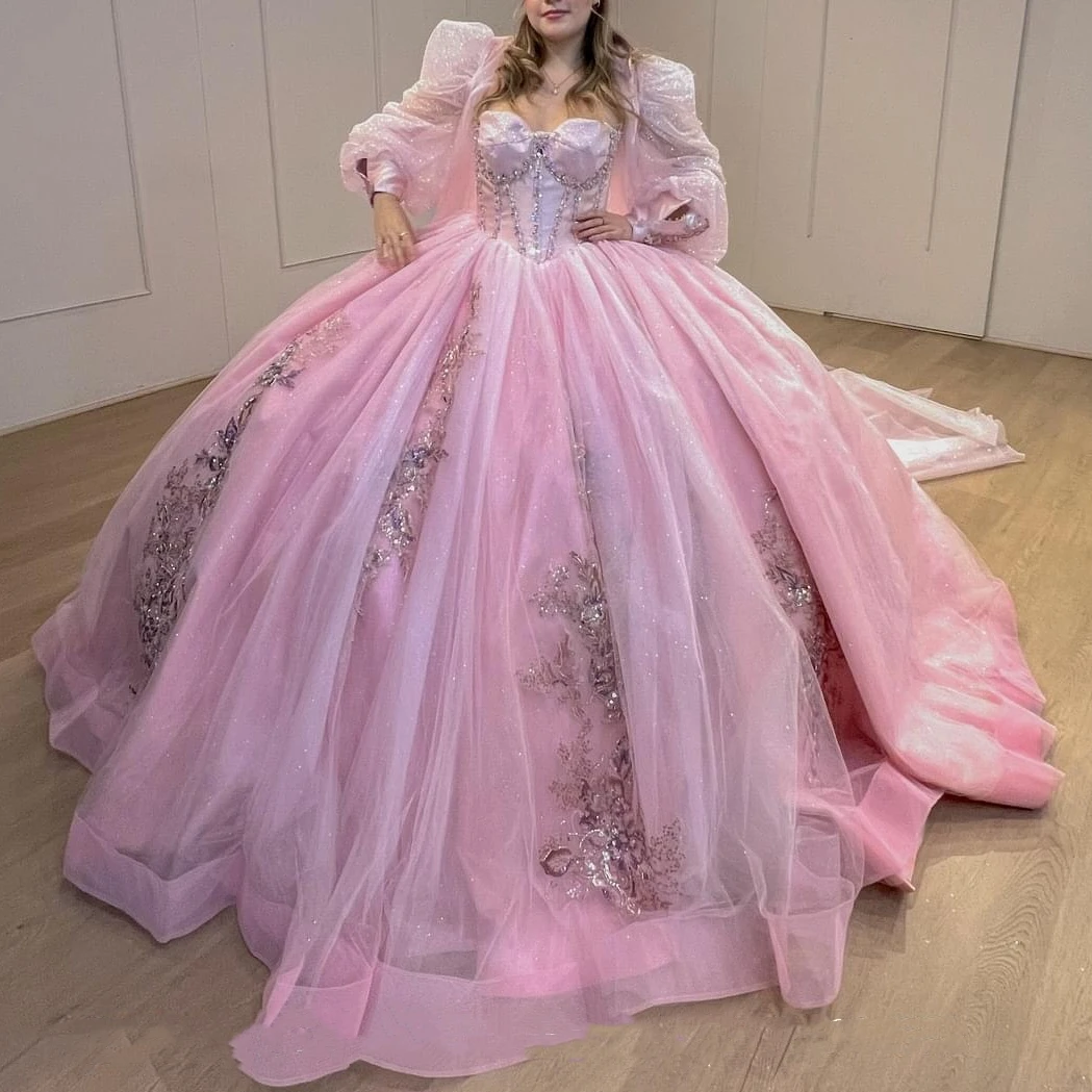 AA162 розовые платья принцессы для девочек на заказ Quinceanera с накидкой, крестообразное бальное платье, женское платье для выпускного вечера, платье для девочек 15–16 лет