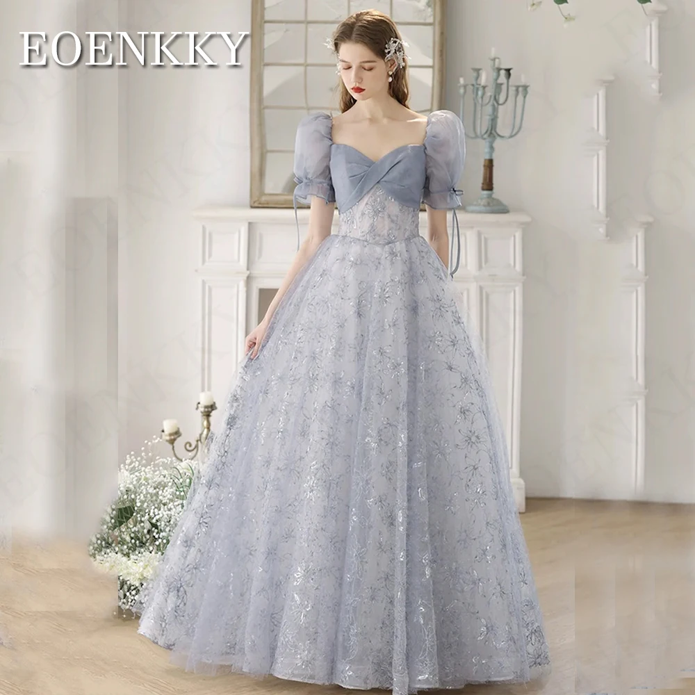 Blue Puff Sleeves Prom Dress Lantejoulas Lace Floor Length Evening Party Dress Tulle Backless Womenvestidos de noche elegantes 2024 Vestido de baile azul com mangas bufantes  Vestido de festa com renda com lantejoulas