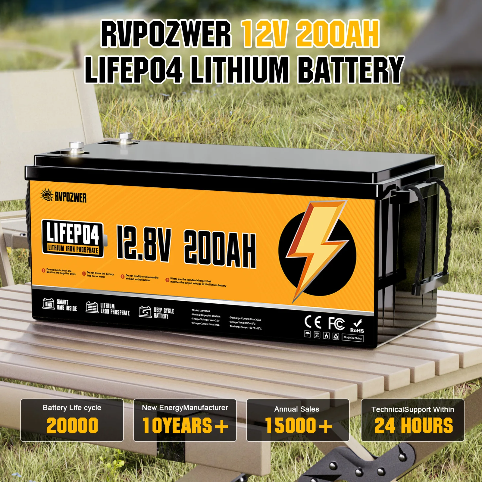 Rvpozwer 12V 200Ah Solid State LiFePO4 4000-Cycle Deep Cycle Battery 3-Year Warranty Solar Energy Storage System for Boats Golf