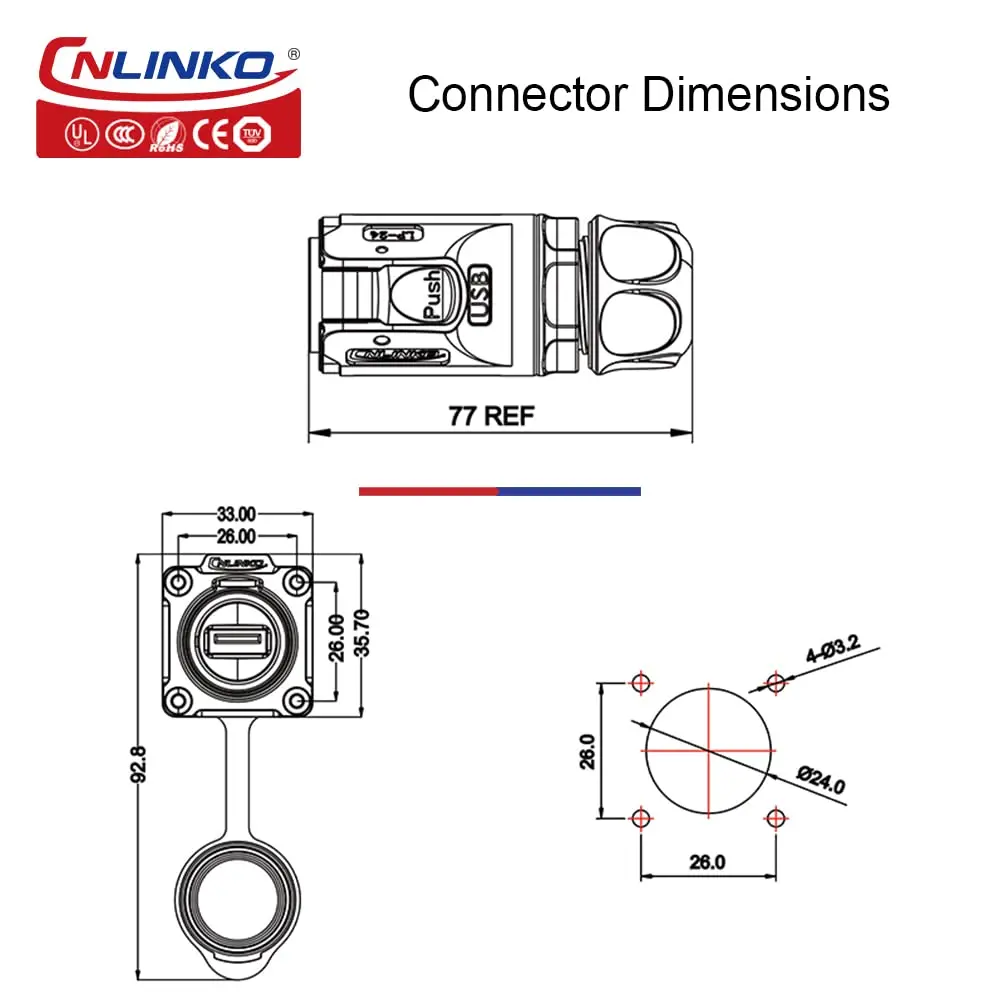 CNLINKO IP68 Waterproof M24 USB 3.0 Connector—Female Socket & Male Plug with 0.5m/1m/2m/3m Extension Cable for Industrial Use